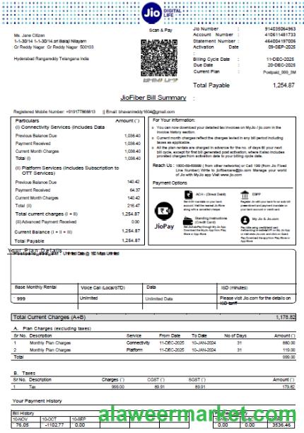 India Jio Digital Life utility bill template in Word and PDF formats, version 4